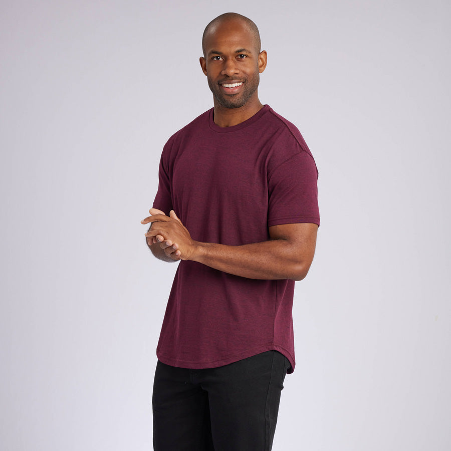 Heather Maroon Signature Curve Hem Crew Neck Tee