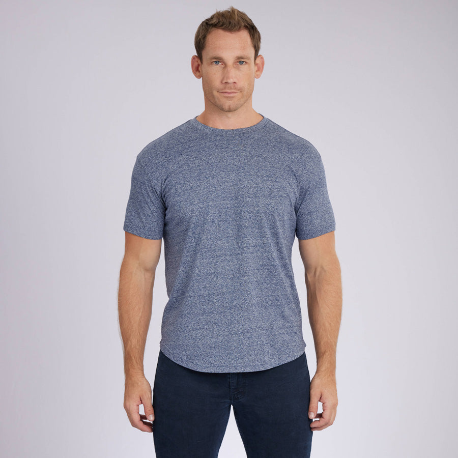 Marled Navy Signature Curve Hem Crew Neck Tee