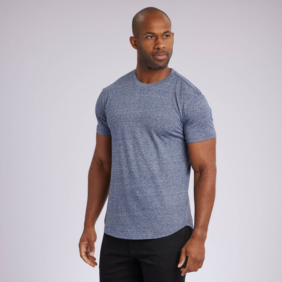 Marled Navy Signature Curve Hem Crew Neck Tee