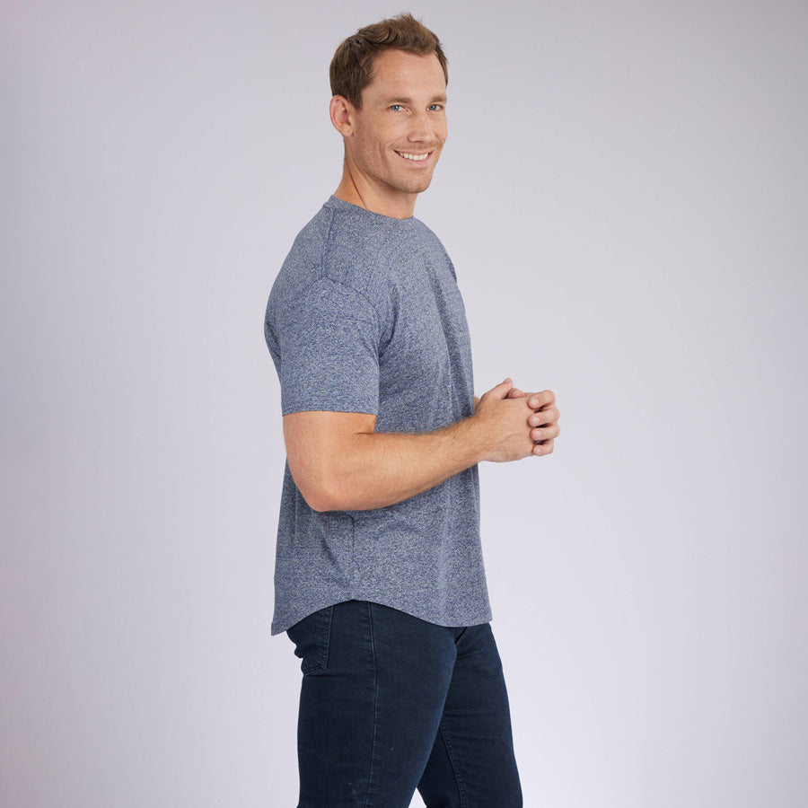 Marled Navy Signature Curve Hem Crew Neck Tee